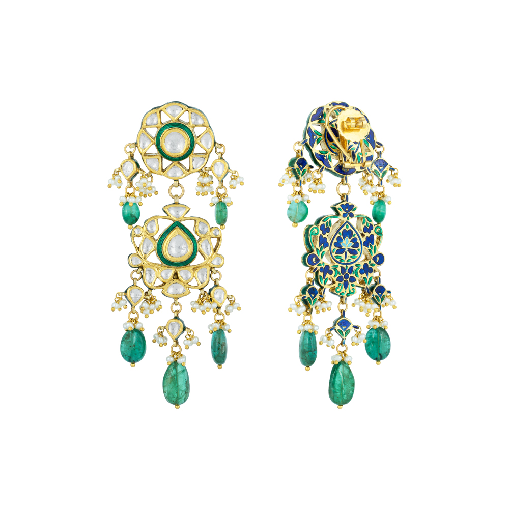 Polki Earrings with Green Enamel, Emeralds & Pearl Bunches